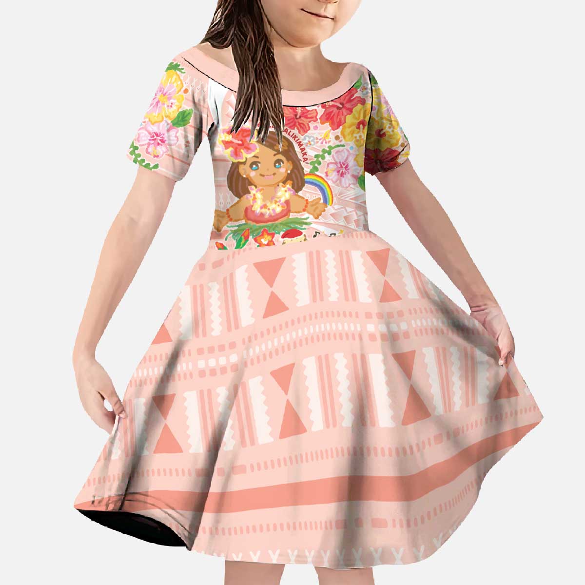 Aloha Hawaii Family Matching Off The Shoulder Long Sleeve Dress and Hawaiian Shirt Kawaii Mele Kalikimaka - Pastel Fever LT7 Daughter's Dress Peach - Polynesian Pride