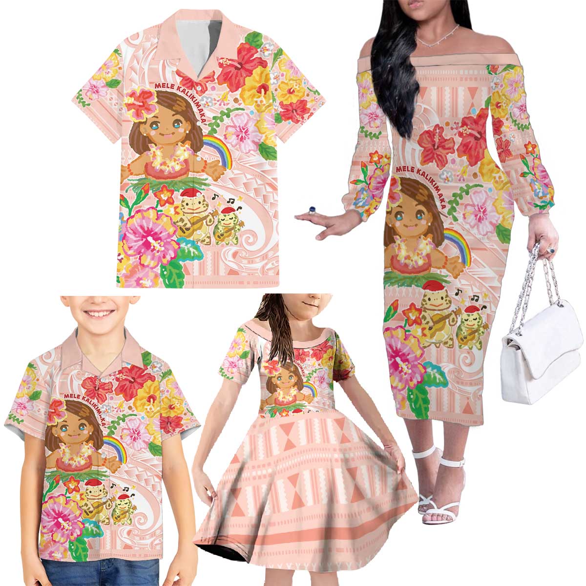 Aloha Hawaii Family Matching Off The Shoulder Long Sleeve Dress and Hawaiian Shirt Kawaii Mele Kalikimaka - Pastel Fever LT7 - Polynesian Pride