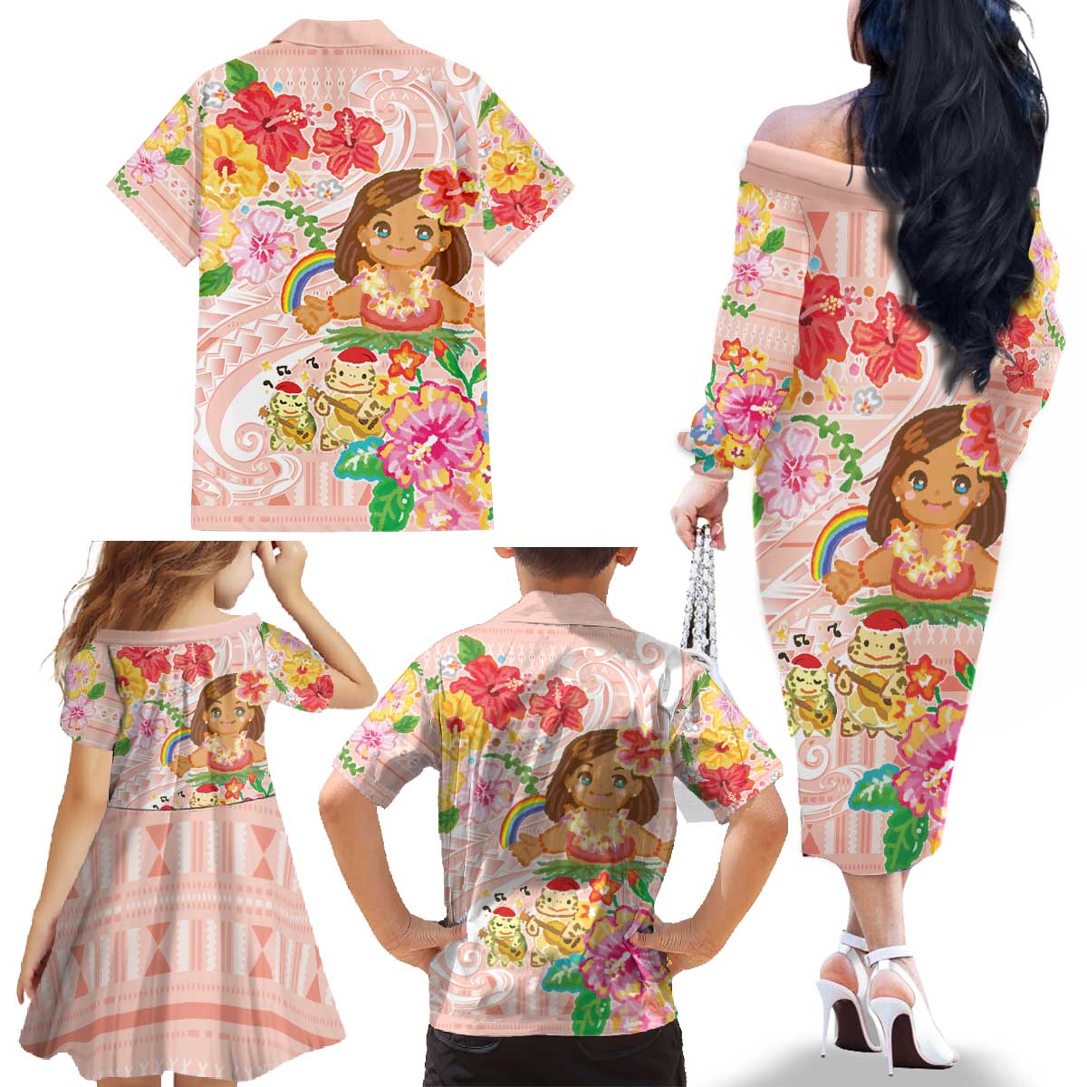 Aloha Hawaii Family Matching Off The Shoulder Long Sleeve Dress and Hawaiian Shirt Kawaii Mele Kalikimaka - Pastel Fever LT7 - Polynesian Pride