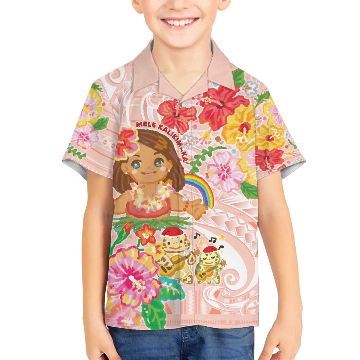 Aloha Hawaii Family Matching Off The Shoulder Long Sleeve Dress and Hawaiian Shirt Kawaii Mele Kalikimaka - Pastel Fever LT7 Son's Shirt Peach - Polynesian Pride
