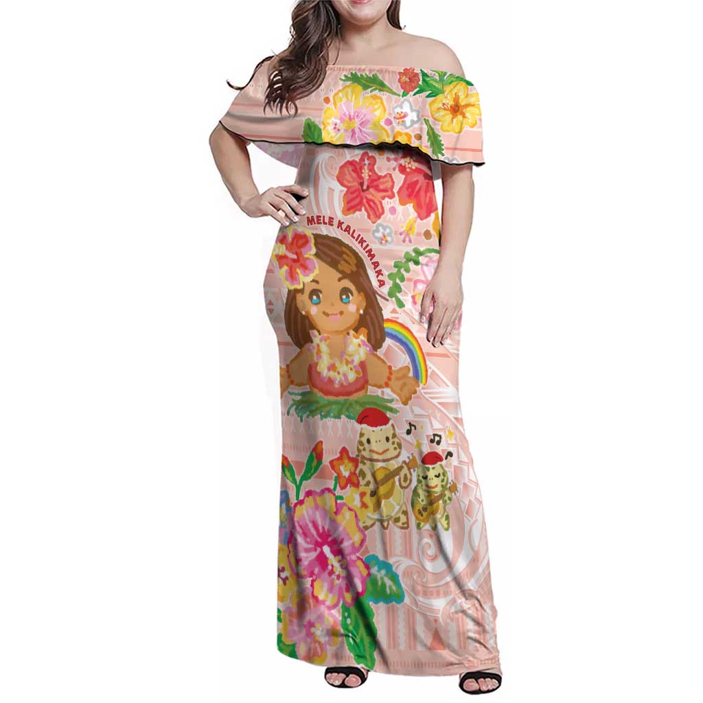 Aloha Hawaii Family Matching Off Shoulder Maxi Dress and Hawaiian Shirt Kawaii Mele Kalikimaka - Pastel Fever LT7 Mom's Dress Peach - Polynesian Pride