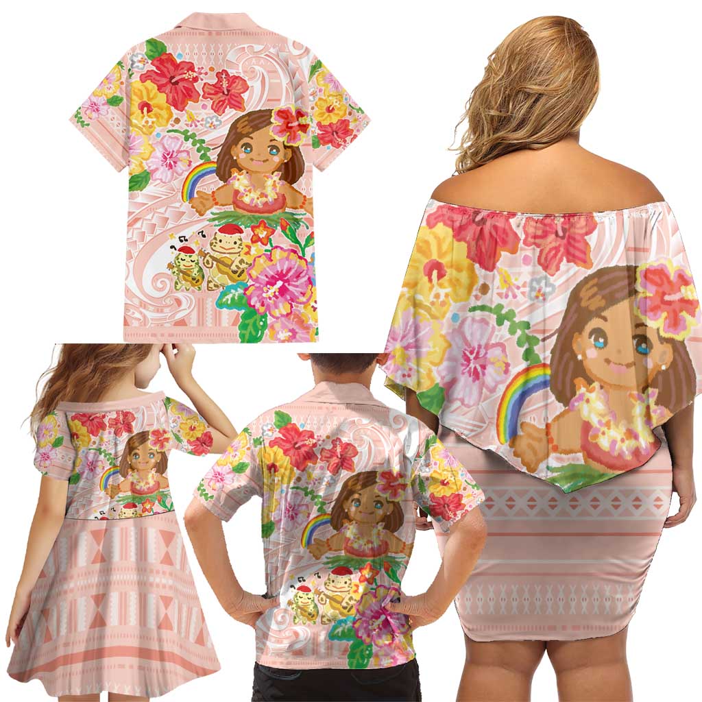 Aloha Hawaii Family Matching Off Shoulder Short Dress and Hawaiian Shirt Kawaii Mele Kalikimaka - Pastel Fever LT7 - Polynesian Pride