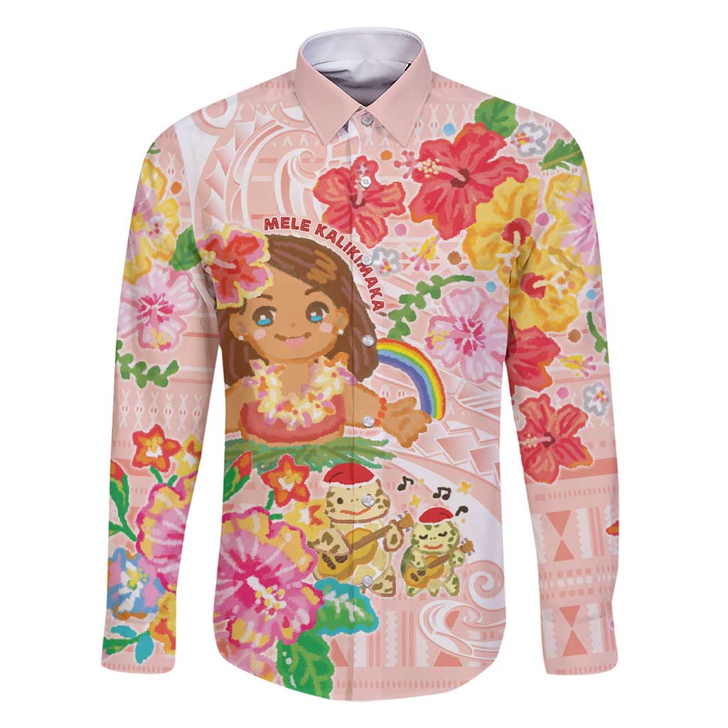 Aloha Hawaii Family Matching Short Sleeve Bodycon Dress and Hawaiian Shirt Kawaii Mele Kalikimaka - Pastel Fever LT7 Dad's Shirt - Long Sleeve Peach - Polynesian Pride