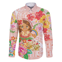 Aloha Hawaii Family Matching Short Sleeve Bodycon Dress and Hawaiian Shirt Kawaii Mele Kalikimaka - Pastel Fever LT7 Dad's Shirt - Long Sleeve Peach - Polynesian Pride