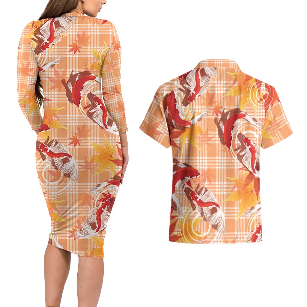 Orange Palaka Hawaii Aloha Couples Matching Long Sleeve Bodycon Dress and Hawaiian Shirt Koi Pond Mix Japanese Maple - Polynesian Pride