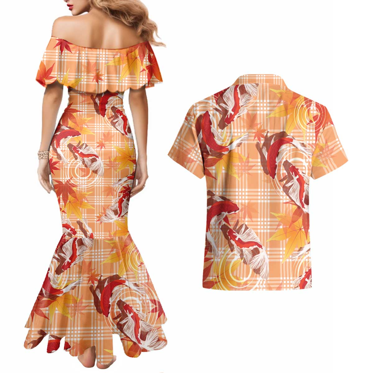 Orange Palaka Hawaii Aloha Couples Matching Mermaid Dress and Hawaiian Shirt Koi Pond Mix Japanese Maple LT7 - Polynesian Pride