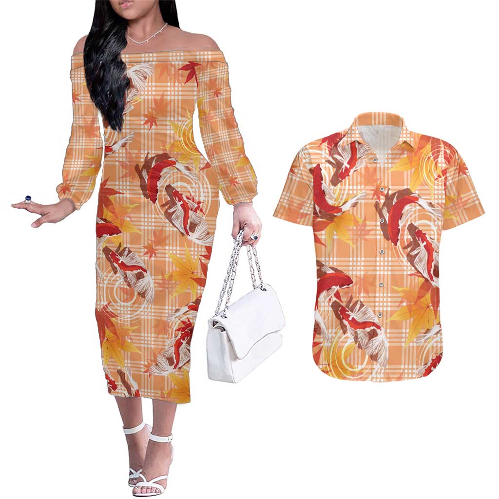 Orange Palaka Hawaii Aloha Couples Matching Off The Shoulder Long Sleeve Dress and Hawaiian Shirt Koi Pond Mix Japanese Maple - Polynesian Pride