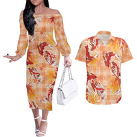 Orange Palaka Hawaii Aloha Couples Matching Off The Shoulder Long Sleeve Dress and Hawaiian Shirt Koi Pond Mix Japanese Maple - Polynesian Pride