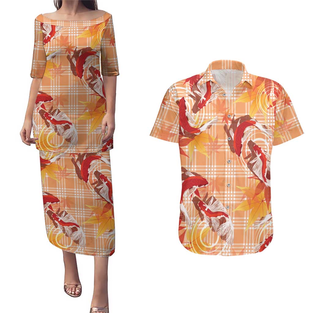 Orange Palaka Hawaii Aloha Couples Matching Puletasi and Hawaiian Shirt Koi Pond Mix Japanese Maple - Polynesian Pride