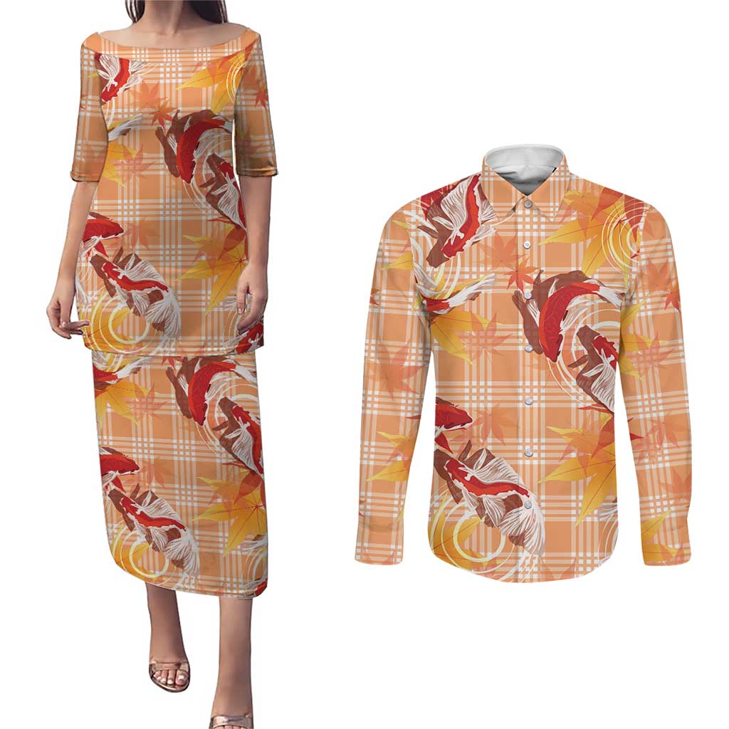 Orange Palaka Hawaii Aloha Couples Matching Puletasi and Long Sleeve Button Shirt Koi Pond Mix Japanese Maple - Polynesian Pride