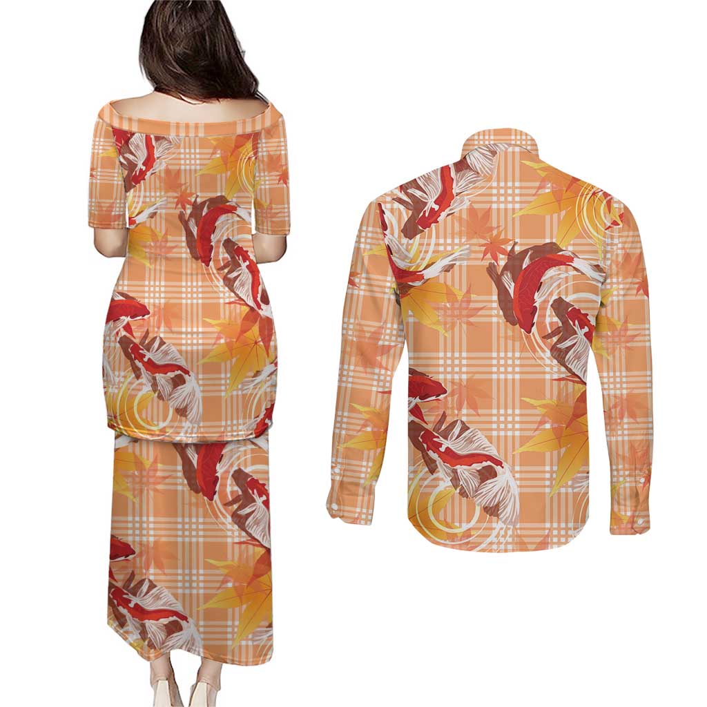 Orange Palaka Hawaii Aloha Couples Matching Puletasi and Long Sleeve Button Shirt Koi Pond Mix Japanese Maple - Polynesian Pride