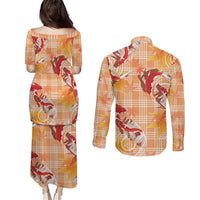Orange Palaka Hawaii Aloha Couples Matching Puletasi and Long Sleeve Button Shirt Koi Pond Mix Japanese Maple - Polynesian Pride