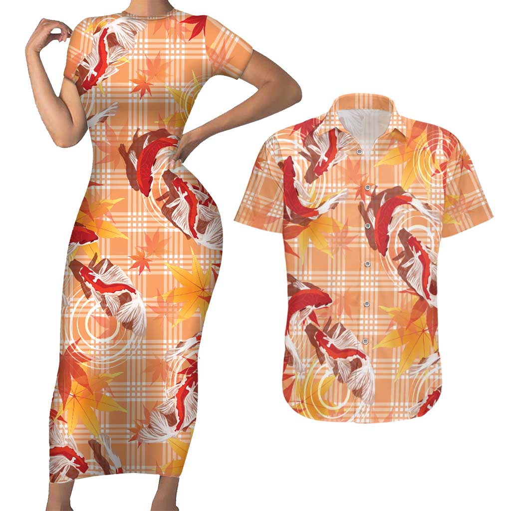Orange Palaka Hawaii Aloha Couples Matching Short Sleeve Bodycon Dress and Hawaiian Shirt Koi Pond Mix Japanese Maple - Polynesian Pride