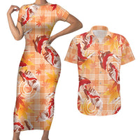 Orange Palaka Hawaii Aloha Couples Matching Short Sleeve Bodycon Dress and Hawaiian Shirt Koi Pond Mix Japanese Maple - Polynesian Pride