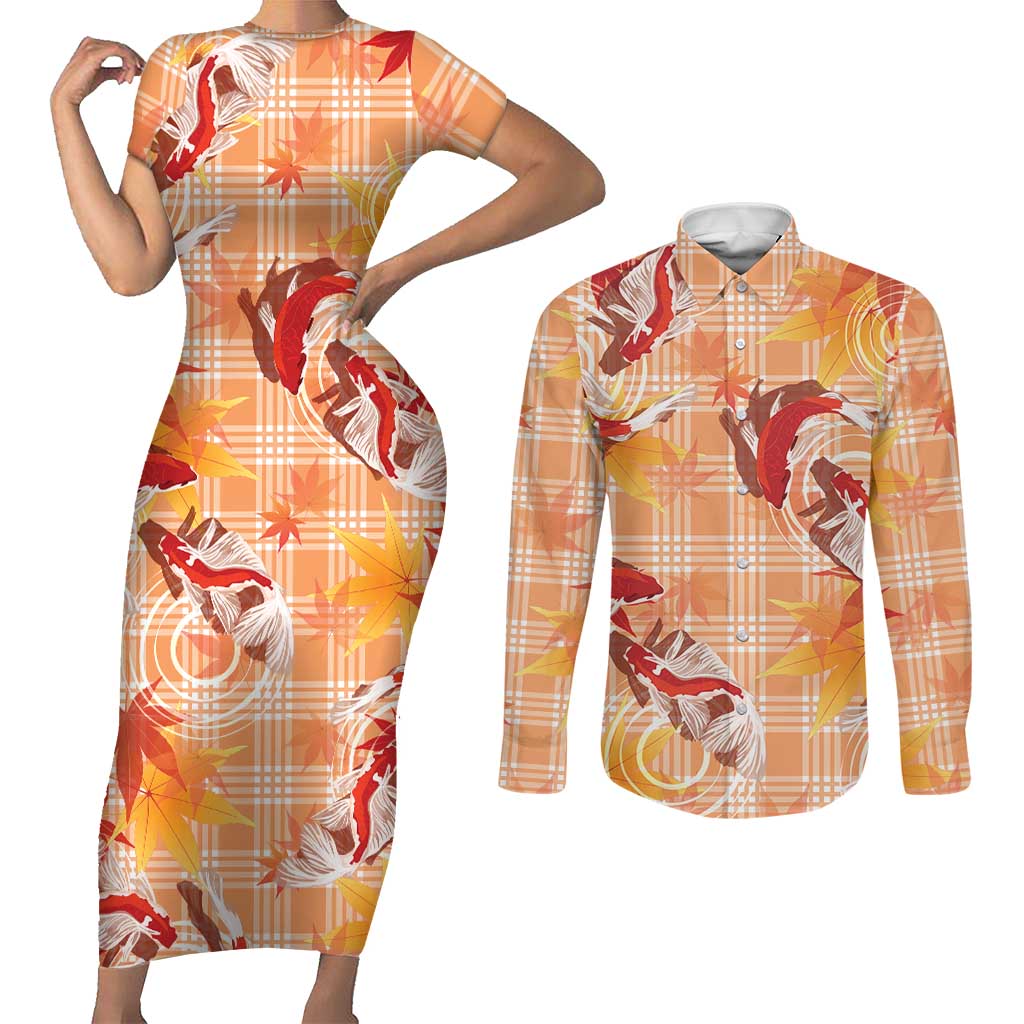 Orange Palaka Hawaii Aloha Couples Matching Short Sleeve Bodycon Dress and Long Sleeve Button Shirt Koi Pond Mix Japanese Maple - Polynesian Pride
