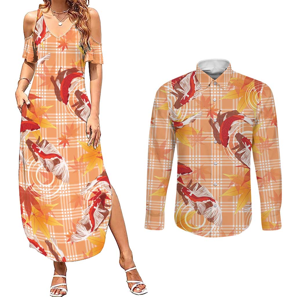 Orange Palaka Hawaii Aloha Couples Matching Summer Maxi Dress and Long Sleeve Button Shirt Koi Pond Mix Japanese Maple - Polynesian Pride