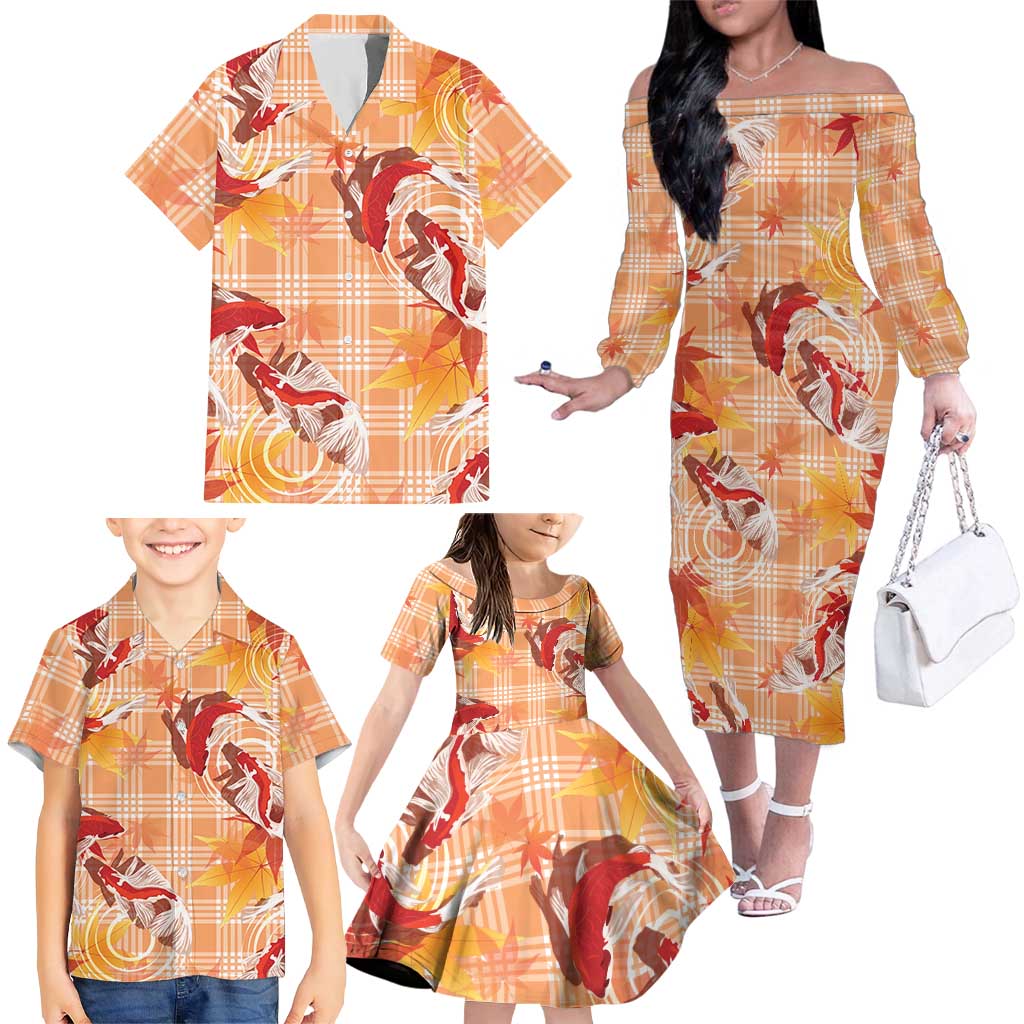 Orange Palaka Hawaii Aloha Family Matching Off The Shoulder Long Sleeve Dress and Hawaiian Shirt Koi Pond Mix Japanese Maple LT7 - Polynesian Pride