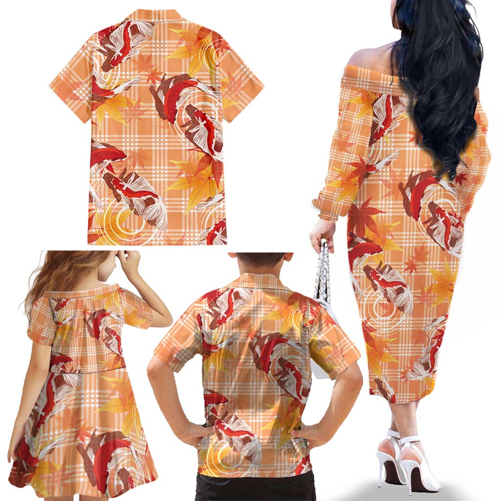Orange Palaka Hawaii Aloha Family Matching Off The Shoulder Long Sleeve Dress and Hawaiian Shirt Koi Pond Mix Japanese Maple LT7 - Polynesian Pride