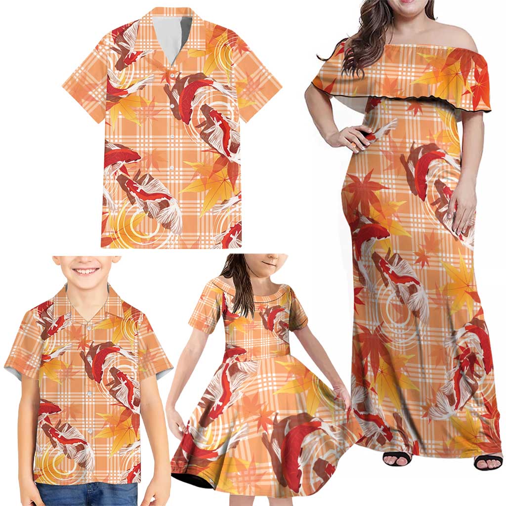 Orange Palaka Hawaii Aloha Family Matching Off Shoulder Maxi Dress and Hawaiian Shirt Koi Pond Mix Japanese Maple - Polynesian Pride