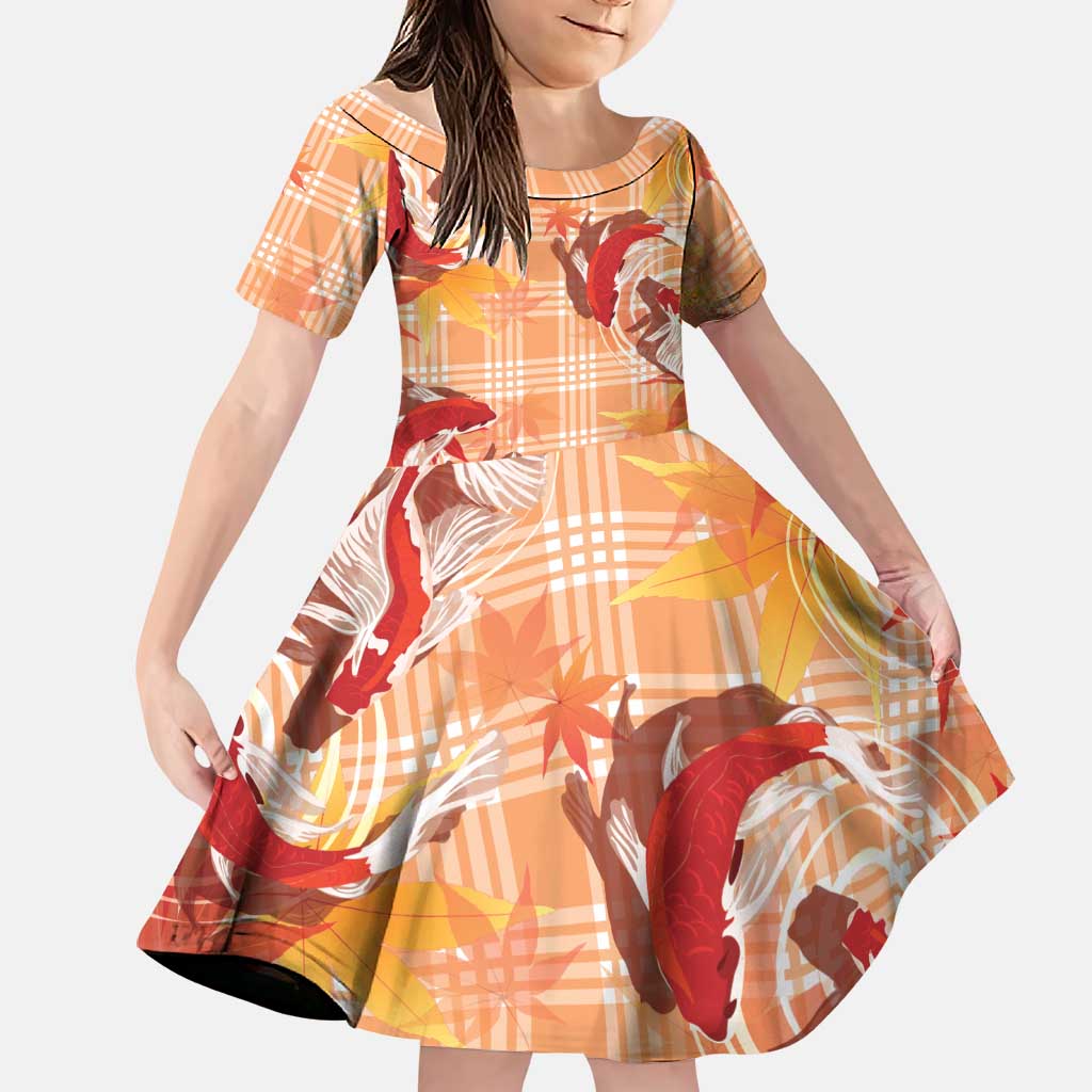 Orange Palaka Hawaii Aloha Family Matching Off Shoulder Short Dress and Hawaiian Shirt Koi Pond Mix Japanese Maple LT7 Daughter's Dress Orange - Polynesian Pride