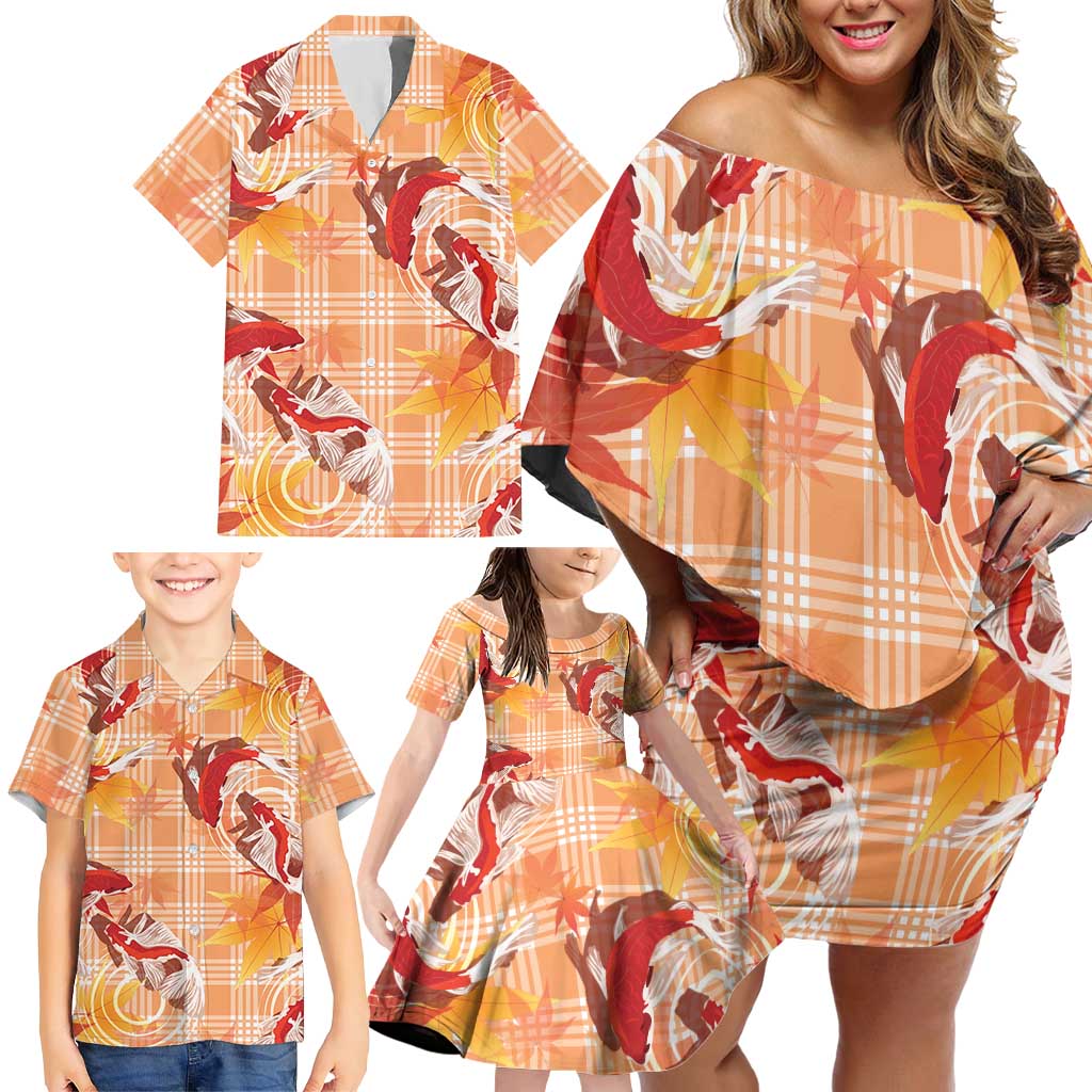 Orange Palaka Hawaii Aloha Family Matching Off Shoulder Short Dress and Hawaiian Shirt Koi Pond Mix Japanese Maple LT7 - Polynesian Pride