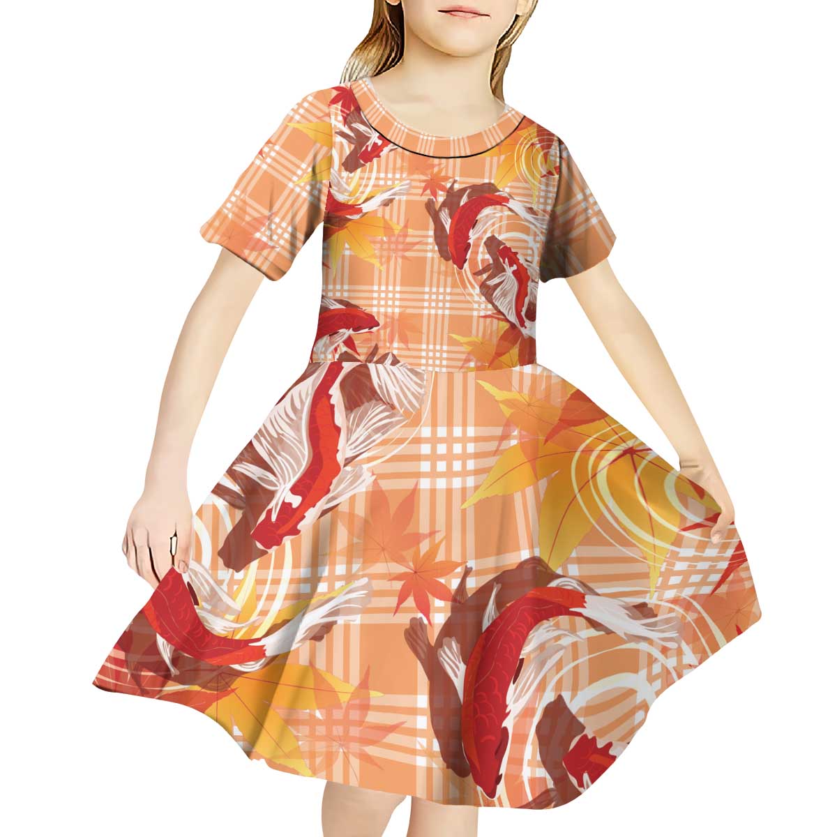 Orange Palaka Hawaii Aloha Kid Short Sleeve Dress Koi Pond Mix Japanese Maple - Polynesian Pride
