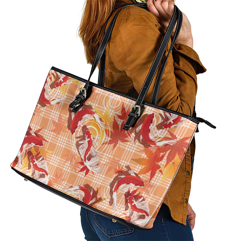 Orange Palaka Hawaii Aloha Leather Tote Bag Koi Pond Mix Japanese Maple - Polynesian Pride