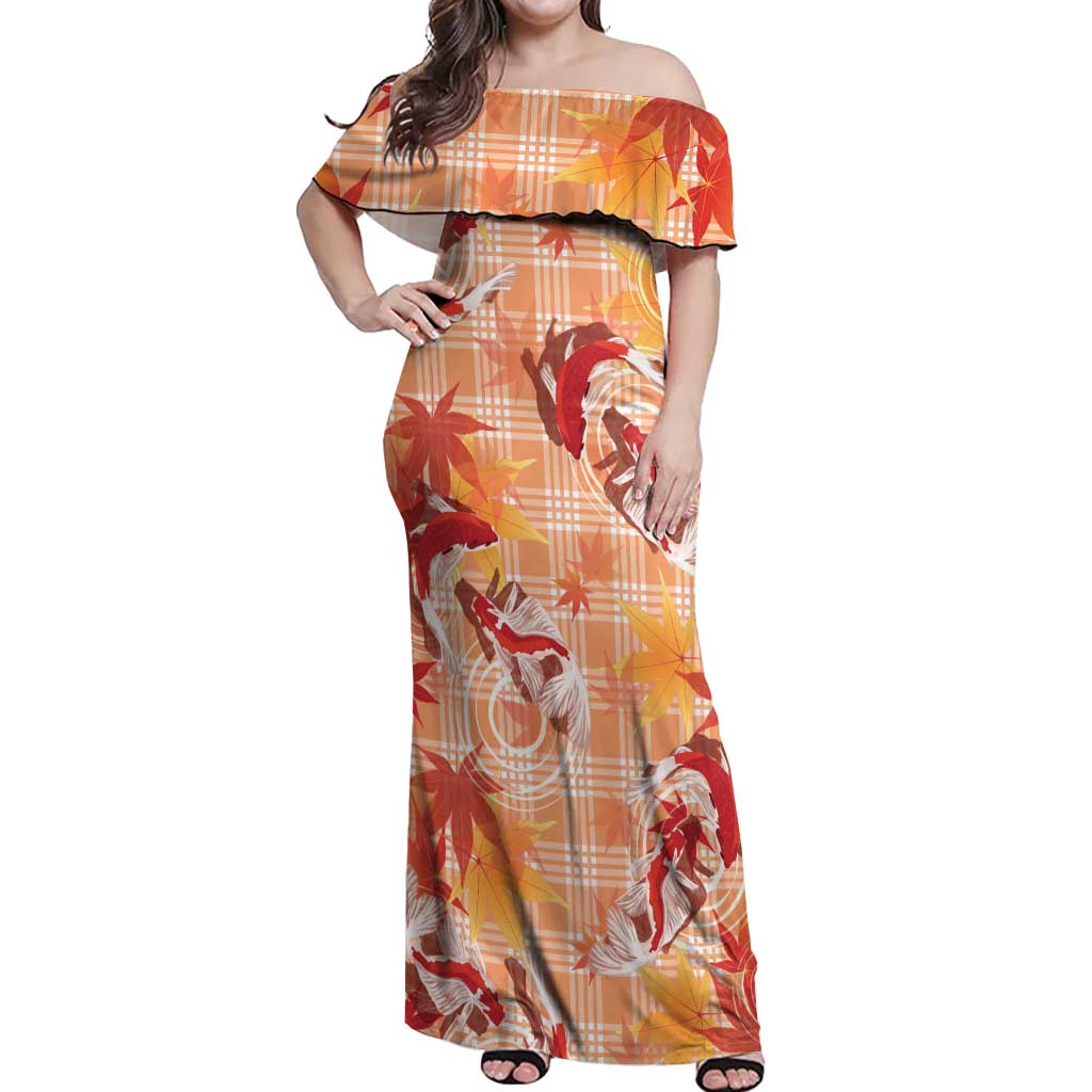 Orange Palaka Hawaii Aloha Off Shoulder Maxi Dress Koi Pond Mix Japanese Maple LT7 Women Orange - Polynesian Pride