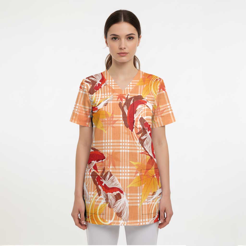 Orange Palaka Hawaii Aloha Scrub Top Koi Pond Mix Japanese Maple - Polynesian Pride