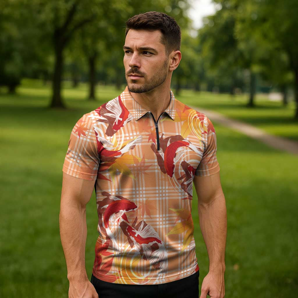 Orange Palaka Hawaii Aloha Zipper Polo Shirt Koi Pond Mix Japanese Maple - Polynesian Pride