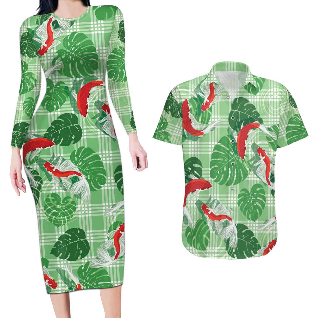 Lime Palaka Hawaii Aloha Couples Matching Long Sleeve Bodycon Dress and Hawaiian Shirt Koi Pond Mix Monstera - Polynesian Pride