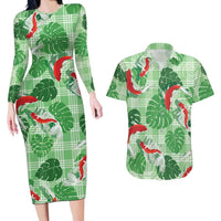Lime Palaka Hawaii Aloha Couples Matching Long Sleeve Bodycon Dress and Hawaiian Shirt Koi Pond Mix Monstera LT7 Lime Green - Polynesian Pride