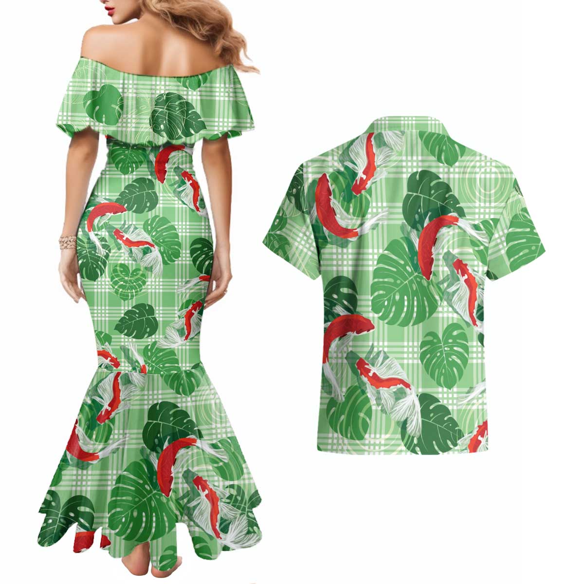 Lime Palaka Hawaii Aloha Couples Matching Mermaid Dress and Hawaiian Shirt Koi Pond Mix Monstera - Polynesian Pride
