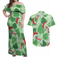 Lime Palaka Hawaii Aloha Couples Matching Off Shoulder Maxi Dress and Hawaiian Shirt Koi Pond Mix Monstera - Polynesian Pride