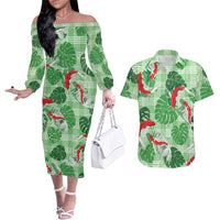 Lime Palaka Hawaii Aloha Couples Matching Off The Shoulder Long Sleeve Dress and Hawaiian Shirt Koi Pond Mix Monstera - Polynesian Pride