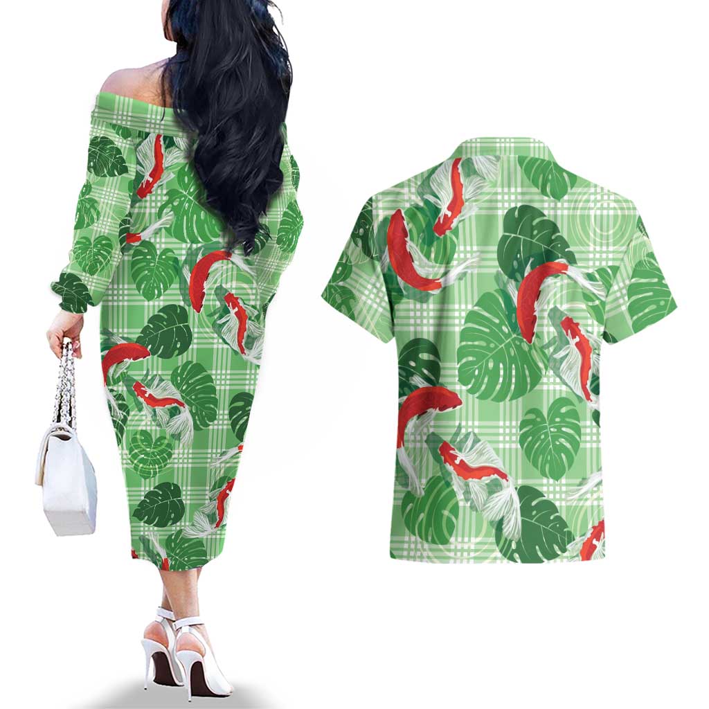 Lime Palaka Hawaii Aloha Couples Matching Off The Shoulder Long Sleeve Dress and Hawaiian Shirt Koi Pond Mix Monstera - Polynesian Pride