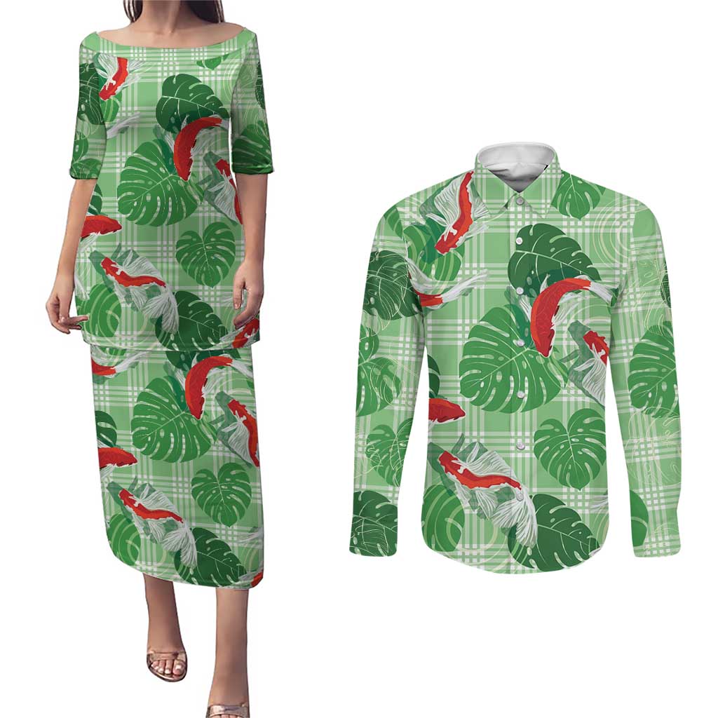 Lime Palaka Hawaii Aloha Couples Matching Puletasi and Long Sleeve Button Shirt Koi Pond Mix Monstera - Polynesian Pride
