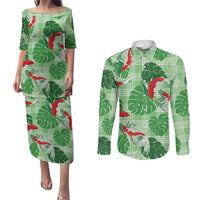 Lime Palaka Hawaii Aloha Couples Matching Puletasi and Long Sleeve Button Shirt Koi Pond Mix Monstera - Polynesian Pride