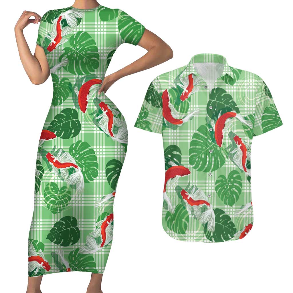 Lime Palaka Hawaii Aloha Couples Matching Short Sleeve Bodycon Dress and Hawaiian Shirt Koi Pond Mix Monstera - Polynesian Pride