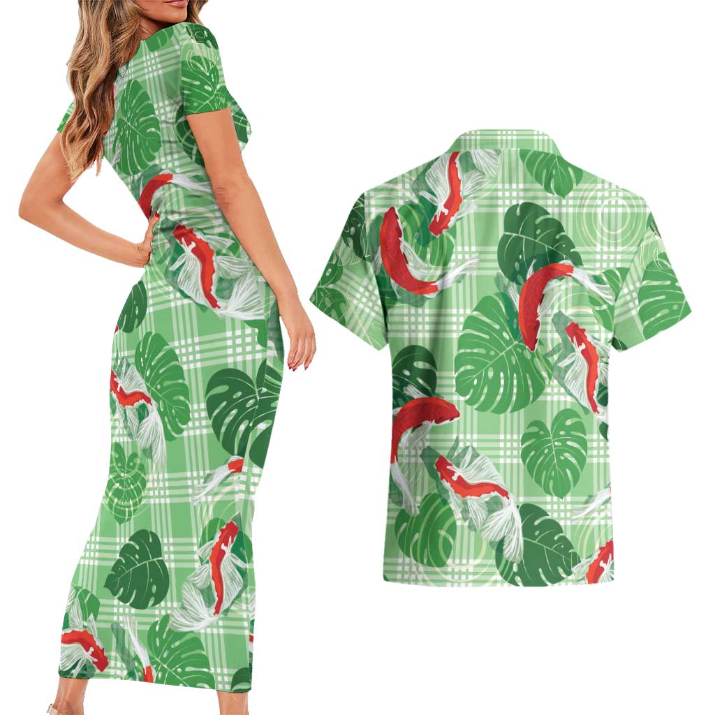 Lime Palaka Hawaii Aloha Couples Matching Short Sleeve Bodycon Dress and Hawaiian Shirt Koi Pond Mix Monstera - Polynesian Pride
