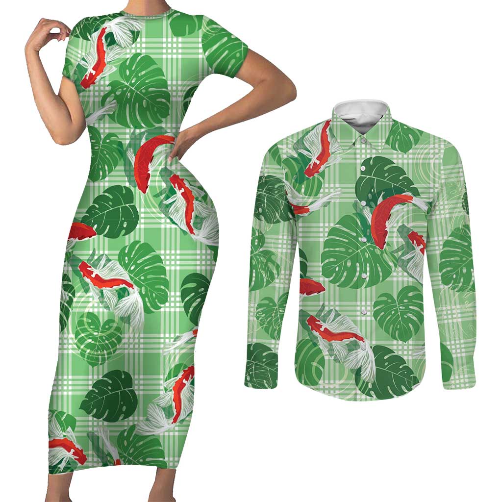 Lime Palaka Hawaii Aloha Couples Matching Short Sleeve Bodycon Dress and Long Sleeve Button Shirt Koi Pond Mix Monstera - Polynesian Pride
