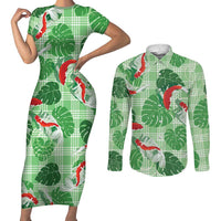 Lime Palaka Hawaii Aloha Couples Matching Short Sleeve Bodycon Dress and Long Sleeve Button Shirt Koi Pond Mix Monstera - Polynesian Pride
