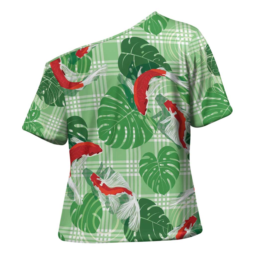 Lime Palaka Hawaii Aloha Cross Shoulder Shirt Koi Pond Mix Monstera - Polynesian Pride