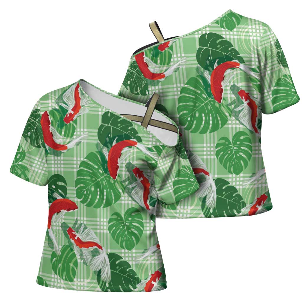 Lime Palaka Hawaii Aloha Cross Shoulder Shirt Koi Pond Mix Monstera - Polynesian Pride