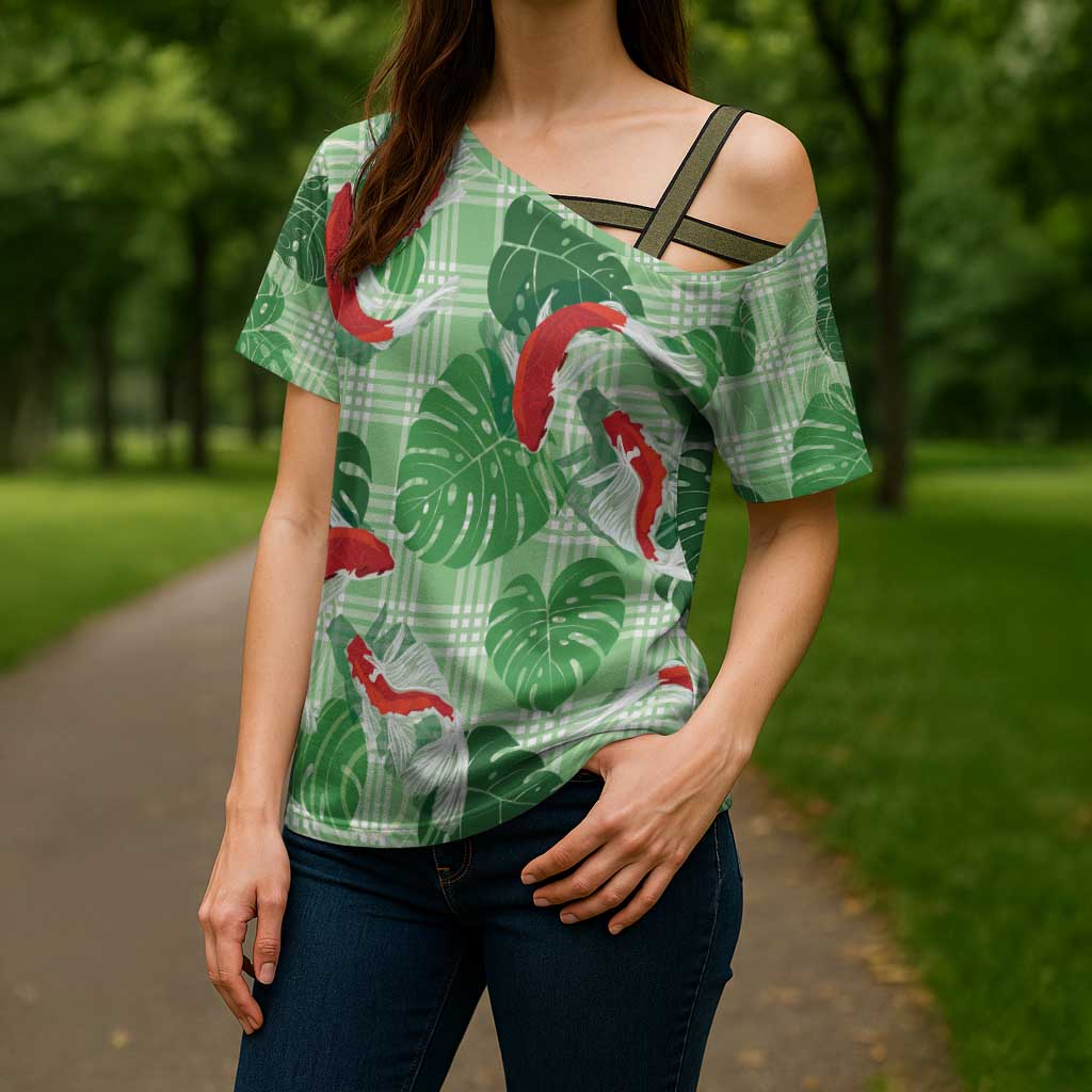 Lime Palaka Hawaii Aloha Cross Shoulder Shirt Koi Pond Mix Monstera - Polynesian Pride