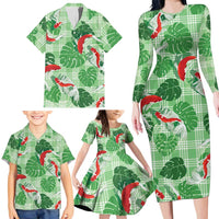 Lime Palaka Hawaii Aloha Family Matching Long Sleeve Bodycon Dress and Hawaiian Shirt Koi Pond Mix Monstera LT7 - Polynesian Pride