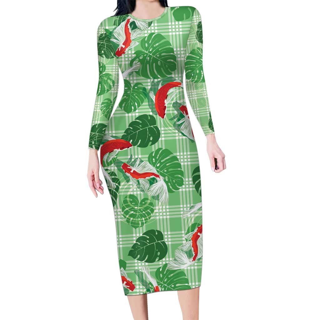 Lime Palaka Hawaii Aloha Family Matching Long Sleeve Bodycon Dress and Hawaiian Shirt Koi Pond Mix Monstera LT7 Lime Green - Polynesian Pride
