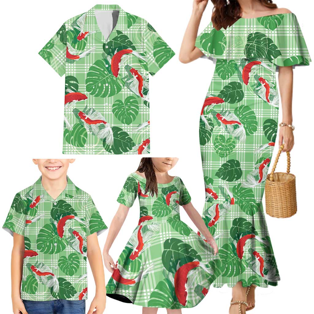 Lime Palaka Hawaii Aloha Family Matching Mermaid Dress and Hawaiian Shirt Koi Pond Mix Monstera - Polynesian Pride