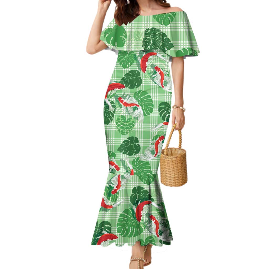 Lime Palaka Hawaii Aloha Family Matching Mermaid Dress and Hawaiian Shirt Koi Pond Mix Monstera LT7 Lime Green - Polynesian Pride
