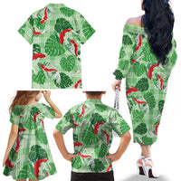 Lime Palaka Hawaii Aloha Family Matching Off The Shoulder Long Sleeve Dress and Hawaiian Shirt Koi Pond Mix Monstera LT7 - Polynesian Pride
